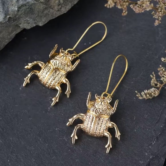 Anthropologie Jewelry - Gold Scarab Beetle Drop Earrings